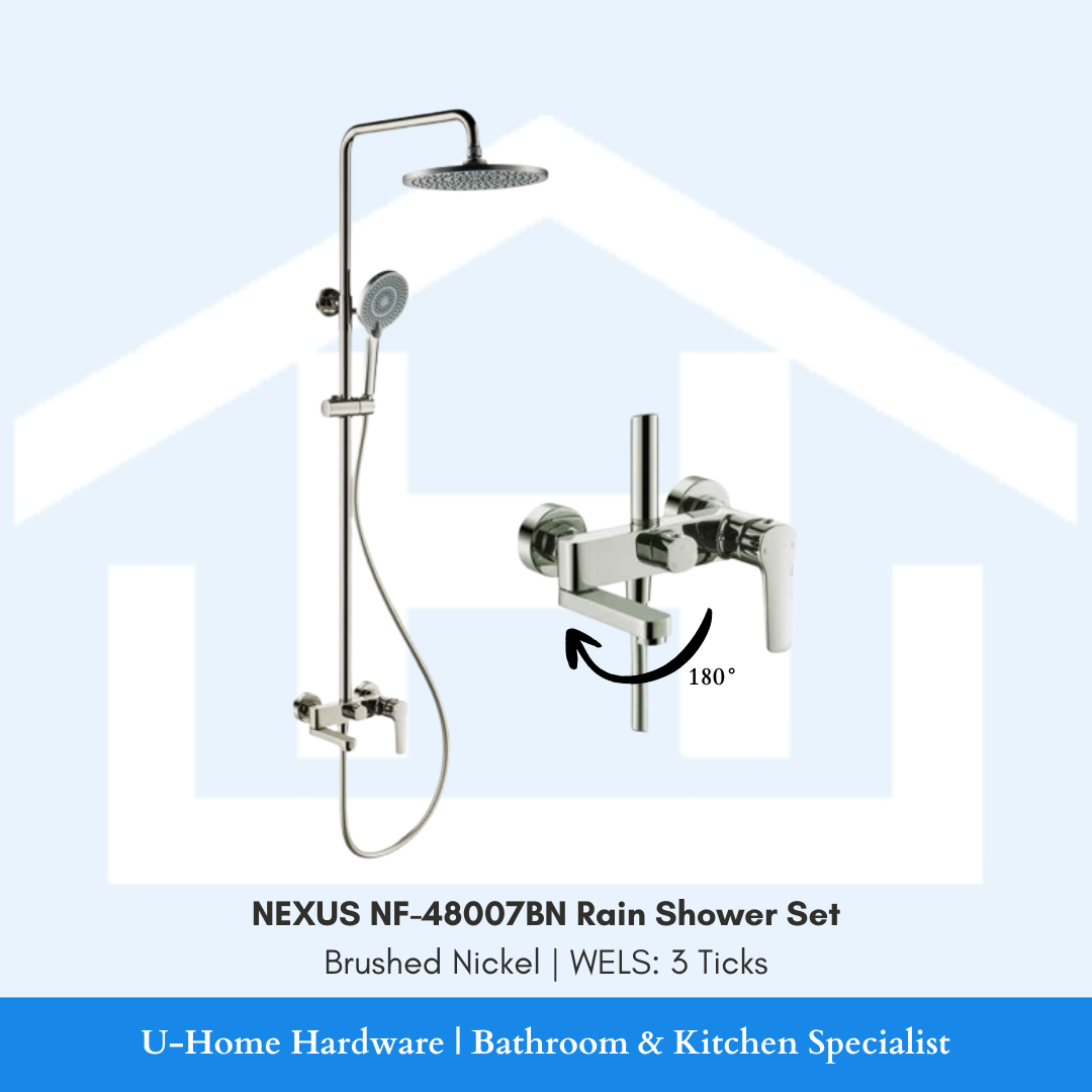 NEXUS NF-48007BN Brushed Nickel rain shower set installed against a tiled wall, illustrating the minimalist riser rail and matte metallic finish.