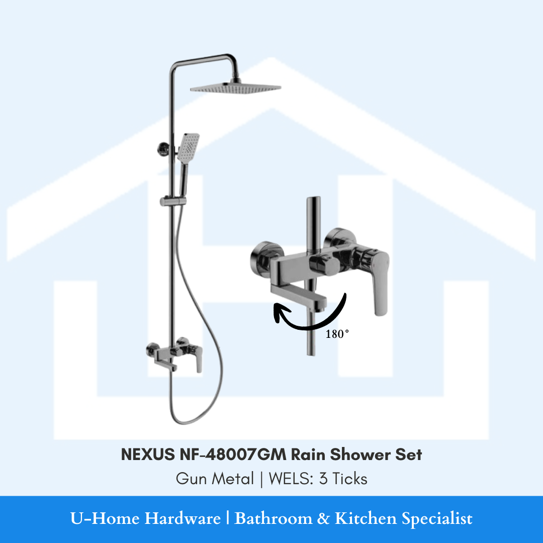 Front view of the NEXUS NF-48007GM Rain Shower Set in Gun Metal, featuring a complete system with an overhead rain shower and handheld spray. With a magnified view of the bath mixer complete with rain shower set