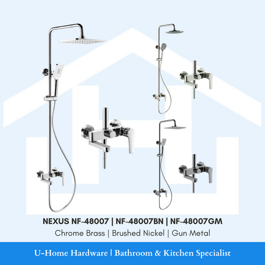 A set of rain shower faucets available in three finishes: Chrome Brass, Brushed Nickel, and Gun Metal, displayed against a white background with the NEXUS brand name.
NEXUS NF-48007 | NF-48007BN | NF-48007GM Rain Shower Set (Available in Chrome Brass, Brushed Nickel, and Gun Metal)