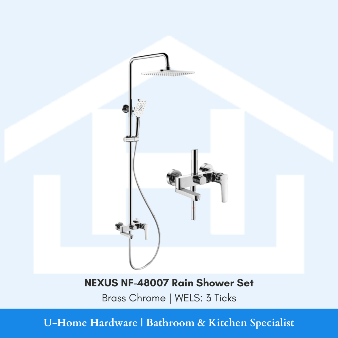 NEXUS NF-48007 Brass Chrome shower set highlighting the PUB-approved WELS 3-Tick water-saving components and professional-grade chrome surface.