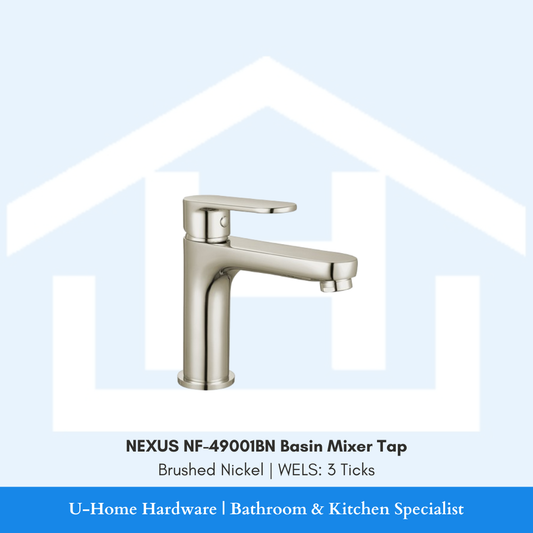 NEXUS NF-49001BN Brushed Nickel tap showcasing the PUB-approved WELS 3-Tick water-saving aerator and premium matte metallic surface.