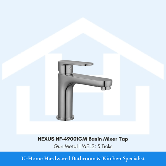 NEXUS NF-49001GM Gun Metal tap showcasing the PUB-approved WELS 3-Tick water-saving aerator and professional dark matte surface.