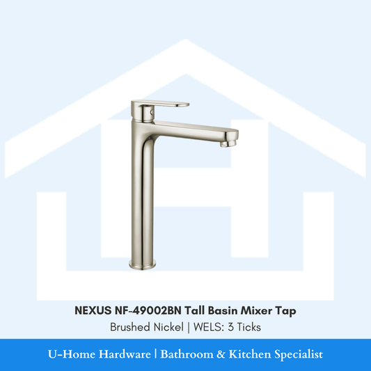 NEXUS NF-49001BN Brushed Nickel tap showcasing the PUB-approved WELS 3-Tick water-saving aerator and premium matte metallic surface.