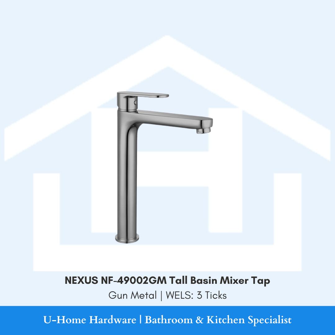 NEXUS NF-49002GM Tall Gun Metal tap, illustrating the clearance height required for mounting behind an above-counter vessel basin