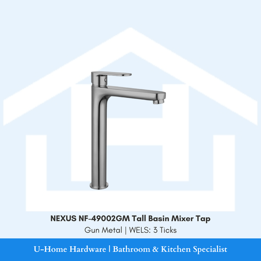 NEXUS NF-49002GM Tall Gun Metal tap, illustrating the clearance height required for mounting behind an above-counter vessel basin