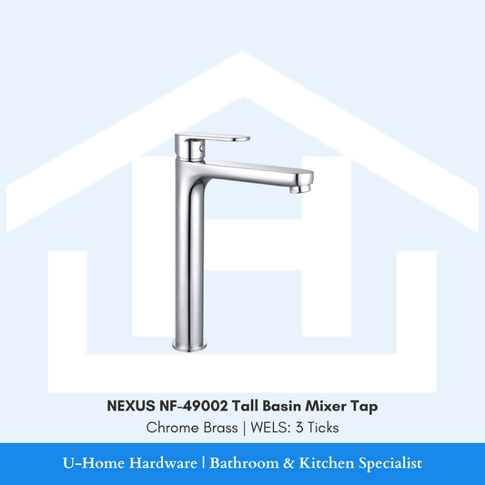 NEXUS NF-49002 Tall Chrome Mixer showing the vertical clearance required for mounting behind an above-counter vessel basin.