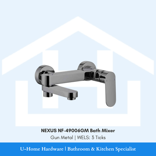 NEXUS NF-49006GM Gun Metal bath mixer showcasing the PUB-approved WELS 3-Tick single lever bath mixer and matte dark metallic surface.