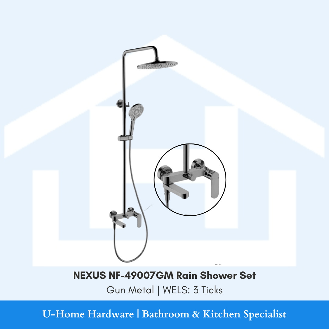 NEXUS NF-49006GM Gun Metal bath mixer showcasing the PUB-approved WELS 3-Tick water-saving components and matte dark metallic surface. Complete with bath mixer, rainshower, handshower, railing 