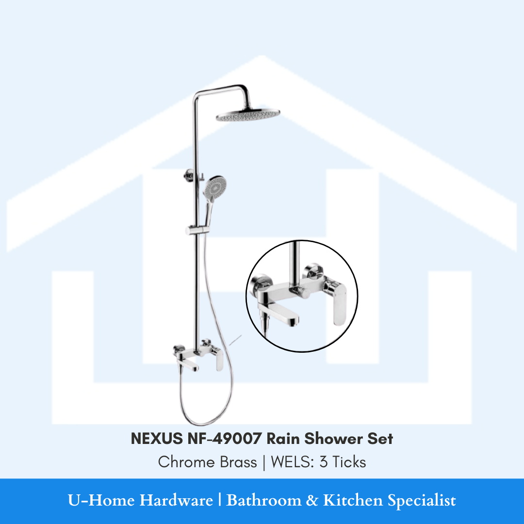 NEXUS NF-49007 Chrome Brass shower set highlighting the PUB-approved WELS 3-Tick water-saving components and high-quality polished chrome surface. Complete with rainshower, handshower and bath mixer.