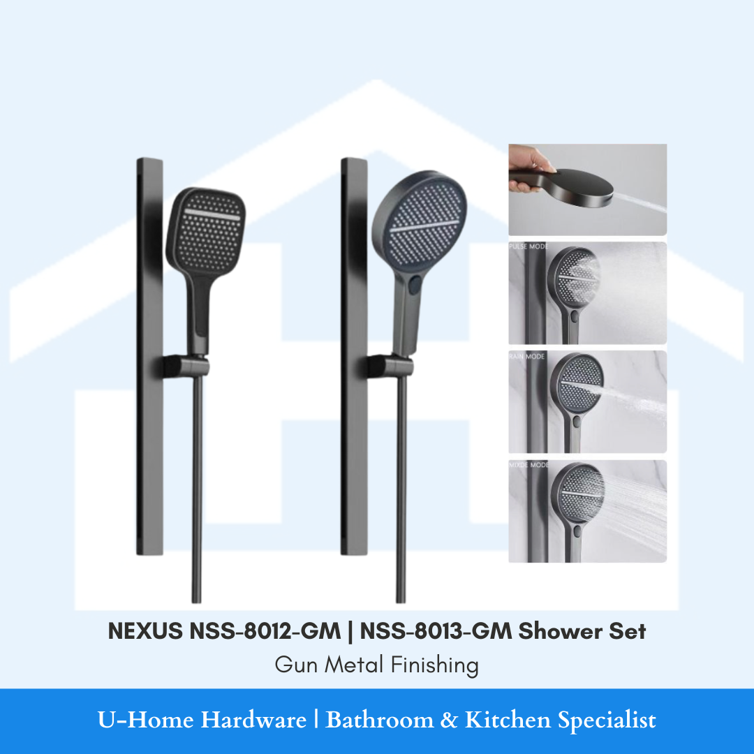 NEXUS NSS-8012-GM | NSS-8013-GM Gun Metal Sliding Bar Hand Shower Set 2 handshowers comes in 2 shapes, circle and square. Complete with 4 modes of water settings