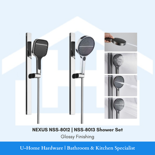 A set of chrome glossy finish sliding hand showers, with images showing the product from different angles, mounted on a white wall. Complete with 4 different modes.