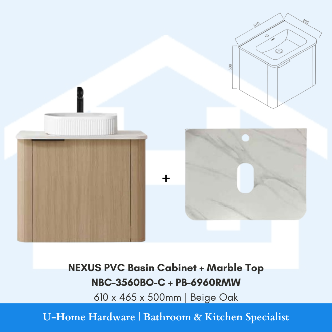 NEXUS NBC 3560BO C waterproof PVC basin cabinet in Beige Oak paired with a PB 6960RMW luxury white marble top.