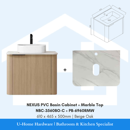 NEXUS NBC 3560BO C waterproof PVC basin cabinet in Beige Oak paired with a PB 6960RMW luxury white marble top.