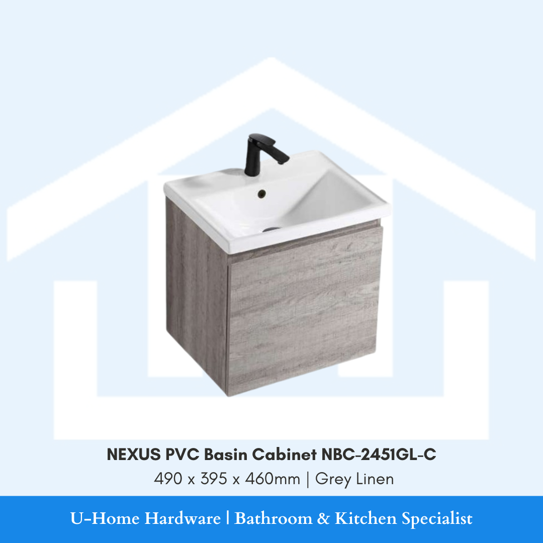 NEXUS NBC 2451GL C compact waterproof PVC bathroom cabinet in a modern Grey Linen textured finish.
