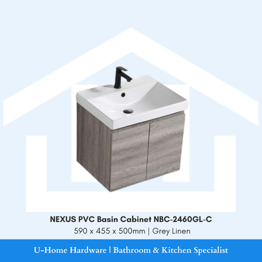 NEXUS NBC-2460GL-C 600mm waterproof PVC bathroom cabinet in a modern Grey Linen textured finish.