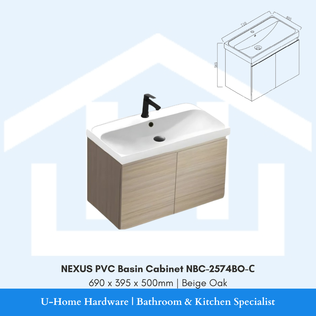 NEXUS NBC 2574BO C waterproof PVC basin cabinet in a 740mm Beige Oak wood grain finish.