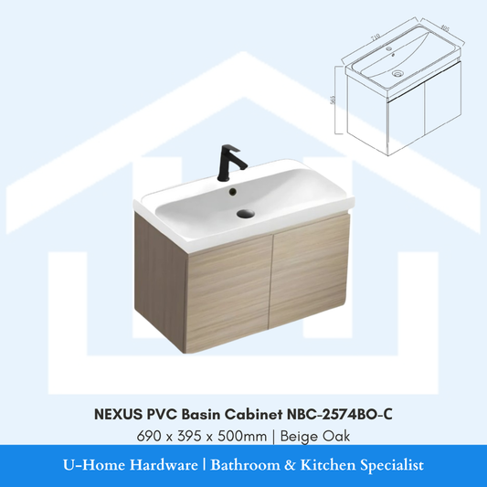 NEXUS NBC 2574BO C waterproof PVC basin cabinet in a 740mm Beige Oak wood grain finish.
