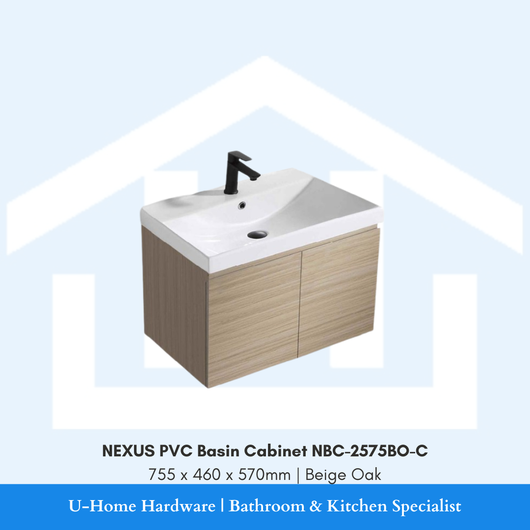 NEXUS NBC 2575BO C waterproof PVC basin cabinet in a 750mm Beige Oak wood grain finish.