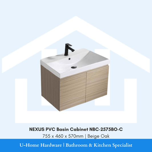 NEXUS NBC 2575BO C waterproof PVC basin cabinet in a 750mm Beige Oak wood grain finish.