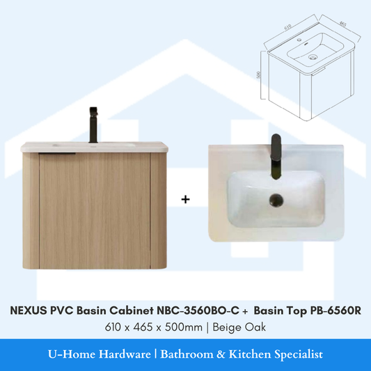 Front view of the NEXUS NBC-3560BO-C wall-hung PVC cabinet in Beige Oak finish with the PB-6560R basin top.