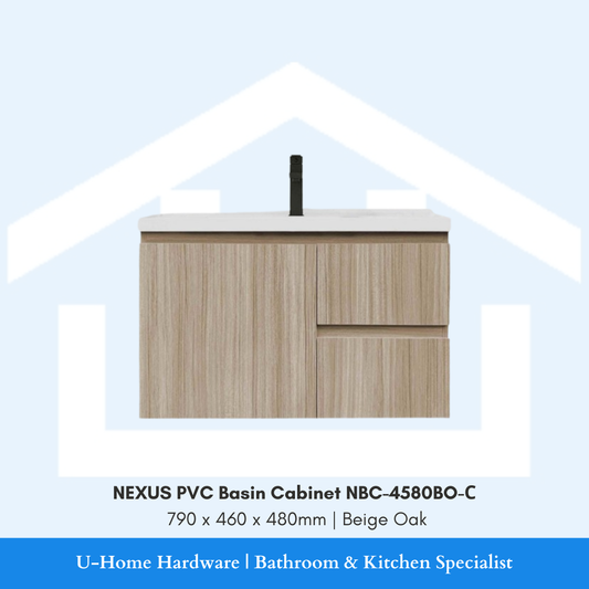NEXUS NBC 4580BO C 800mm waterproof PVC bathroom cabinet in a warm Beige Oak wood grain finish.