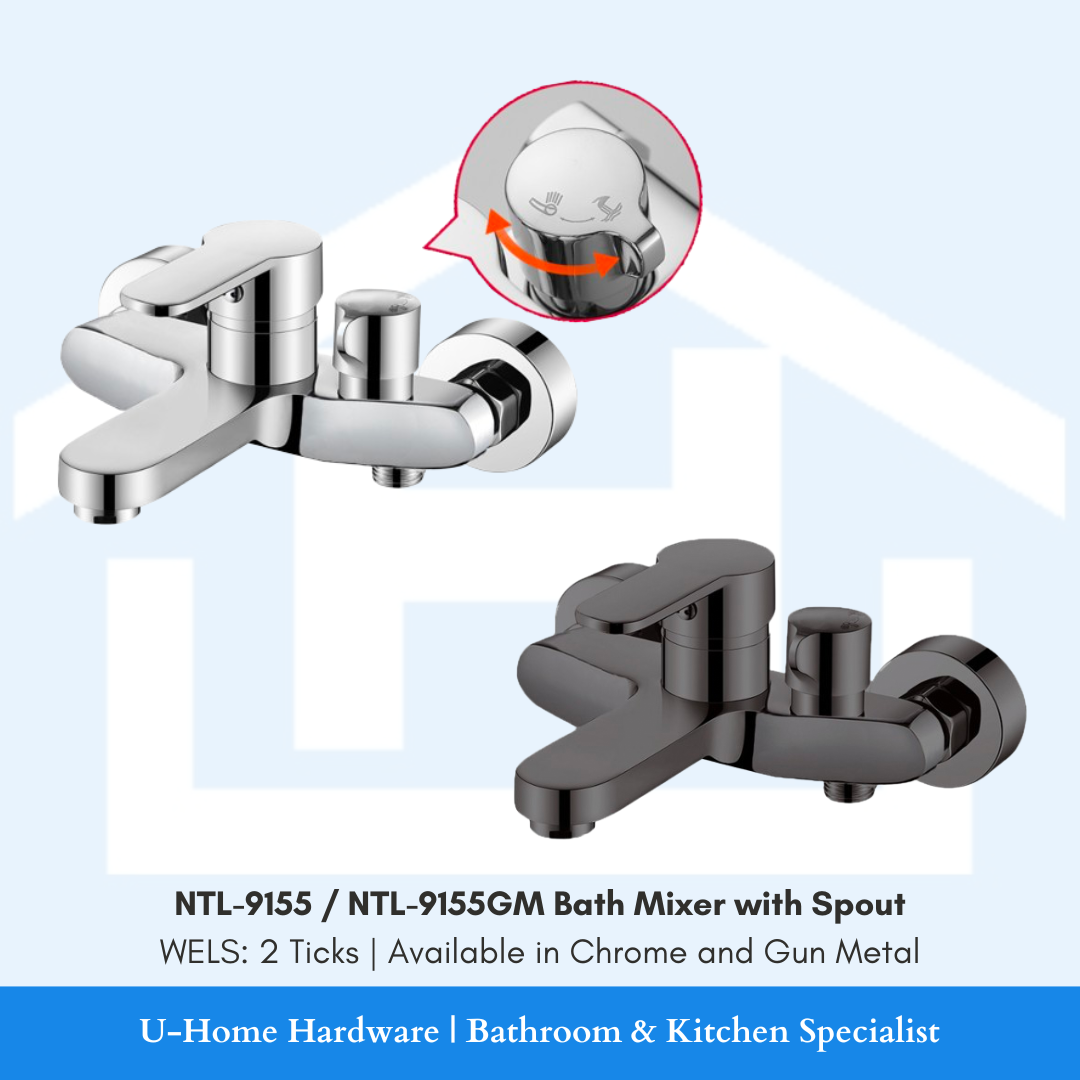 Two bath mixers, one in chrome finish and the other in gun metal color, with a crosshead style handle and a spout.