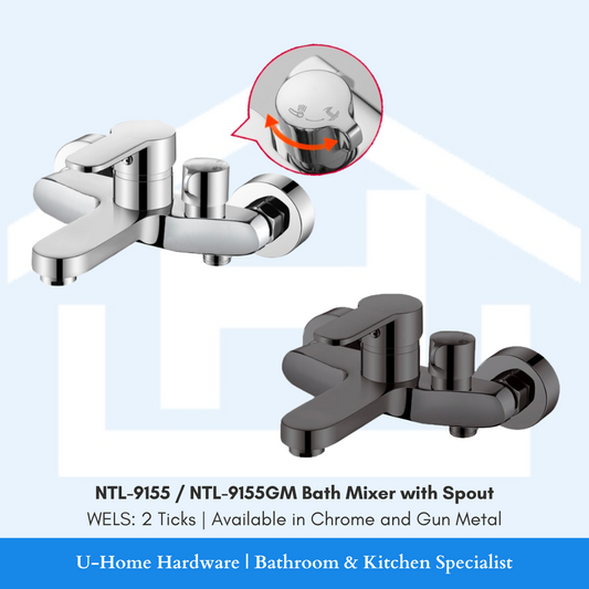 Two bath mixers, one in chrome finish and the other in gun metal color, with a crosshead style handle and a spout.