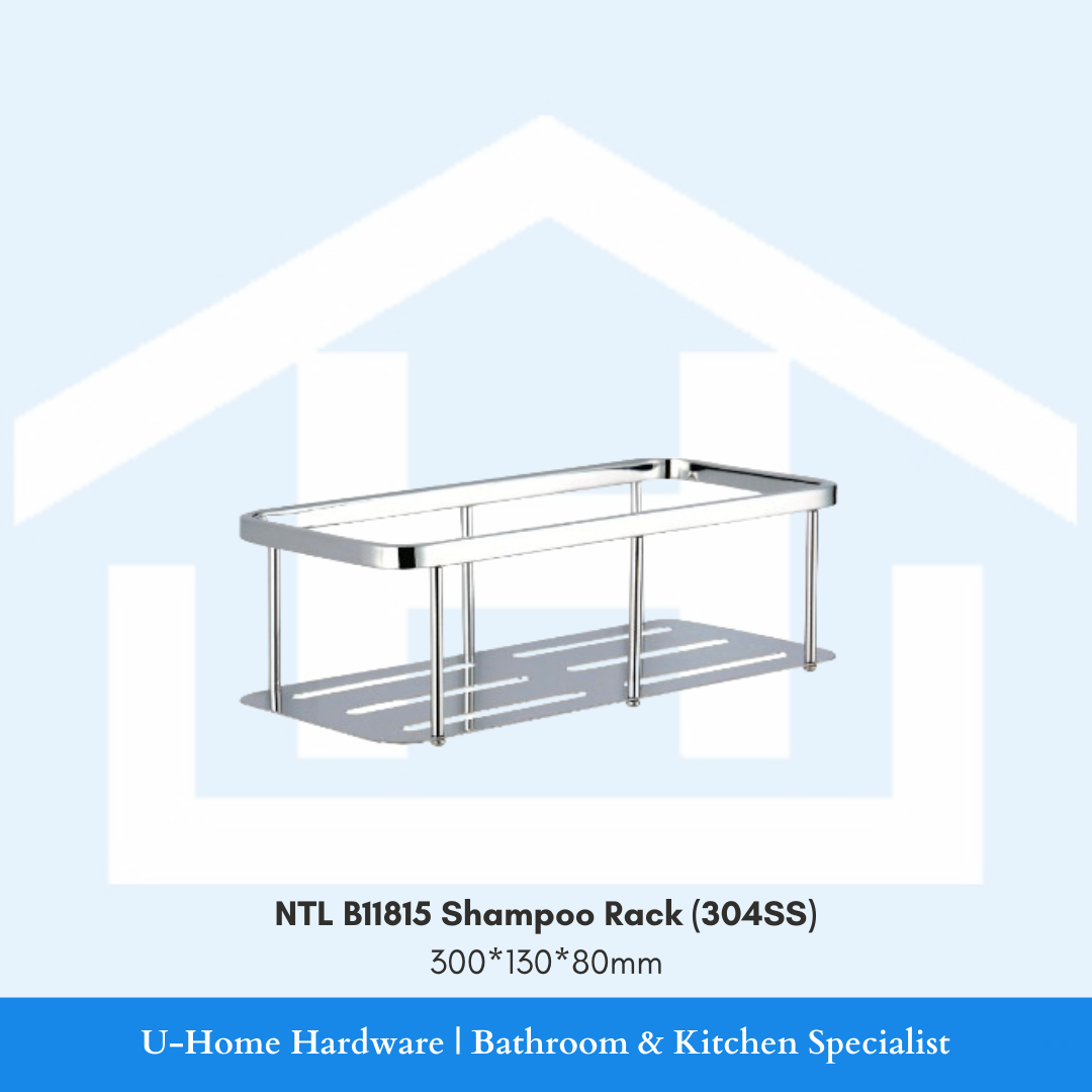 A stainless steel shampoo rack with multiple shelves, with branding text overlay stating 'NTL B11815 Shampoo Rack (304SS) 300*150*80mm' 