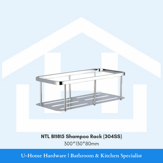 A stainless steel shampoo rack with multiple shelves, with branding text overlay stating 'NTL B11815 Shampoo Rack (304SS) 300*150*80mm' 