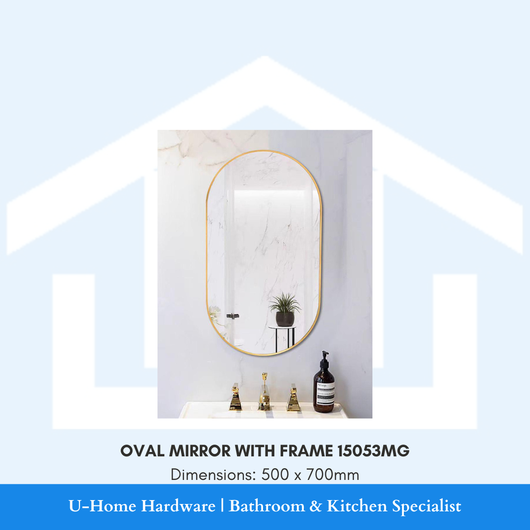 Front view of the 15053MG oval mirror with a slim metallic frame, showcased as a centerpiece above a modern bathroom vanity.