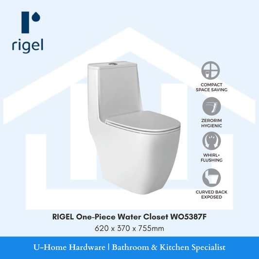 Side-angle view of the RIGEL WO5387F one-piece toilet, highlighting its compact depth and the minimalist, modern lines of the integrated ceramic body.