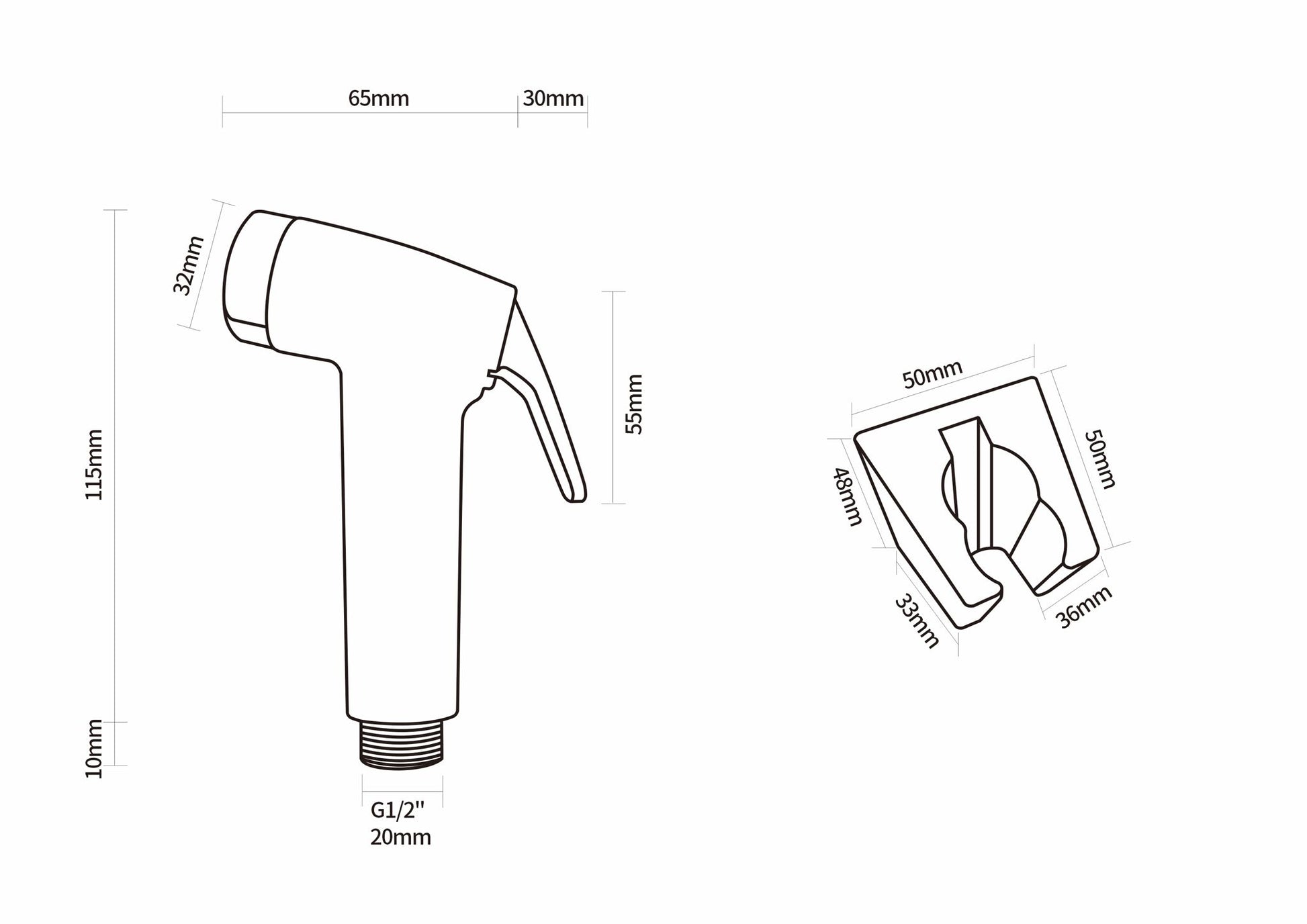 measurement of PC010 Blinda series spray rinser set, bidet spray head and holder technical drawing and measurements.