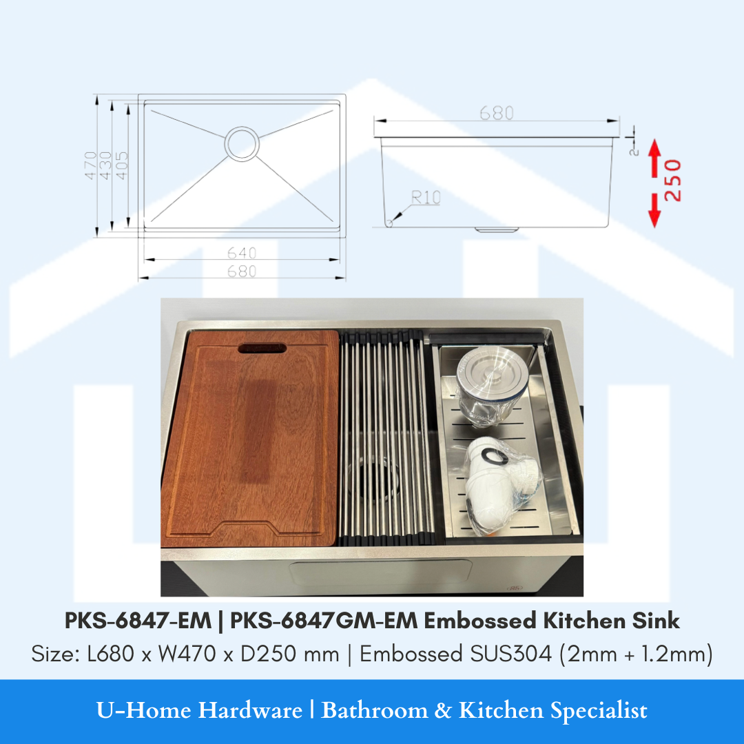 Embossed kitchen sink with dimensions and U-Home Hardware branding

zaffiro 