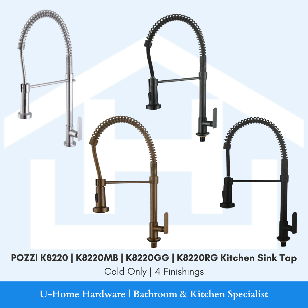 POZZI K8220 cold water kitchen sink tap with chrome, gun metal, black and rose gold finish for modern kitchen basins.