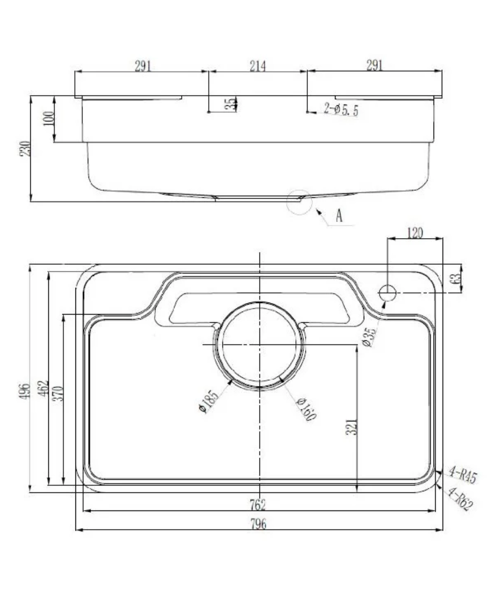 Technical drawing of a kitchen sink with dimensions