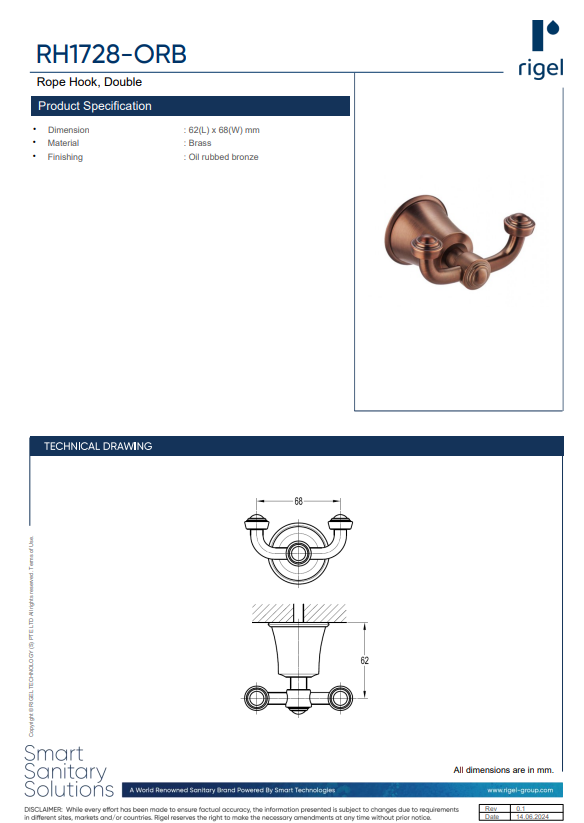 RH1728-ORB product specifications, technical drawings and product features.