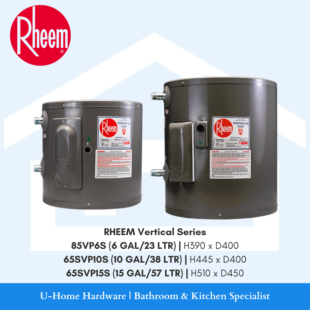 RHEEM vertical series storage water heaters, two models with different capacities: both in gray. 