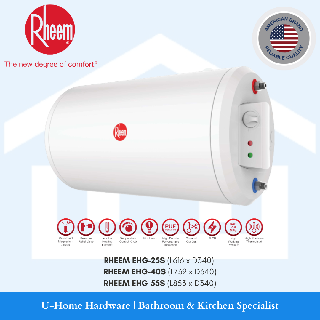 Rheem electric storage heater, white cylindrical tan, universal mounting and easy installation.
