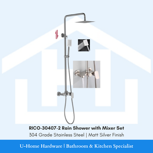 A rain shower mixer set with a matte silver finish and square shower heads, including visible pipes and a control knob.
