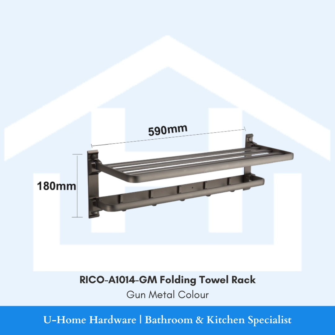 A folding towel rack with gun metal finishing, showing dimensions.