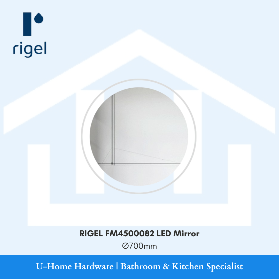 Front view of the circular RIGEL FM4500082 LED bathroom mirror, featuring a 700mm diameter and premium ambient backlighting.