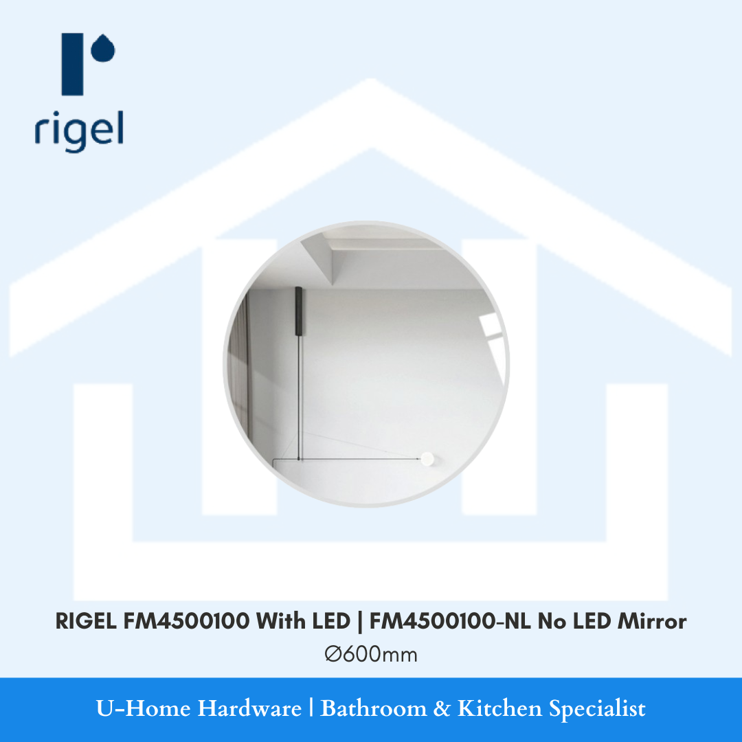 RIGEL FM4500100 circular bathroom LED mirror with glowing backlit border style. Front view of 600mm round RIGEL FM4500100 LED vanity mirror.