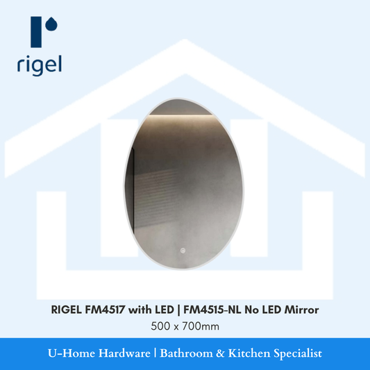 RIGEL FM4517 oval bathroom LED mirror with glowing backlit ambient border illumination.