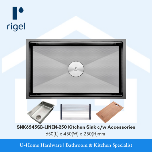 Kitchen sink with accessories on a light blue 

RIGEL Scratch Resistance Kitchen Sink SNK6545SB-LINEN-250