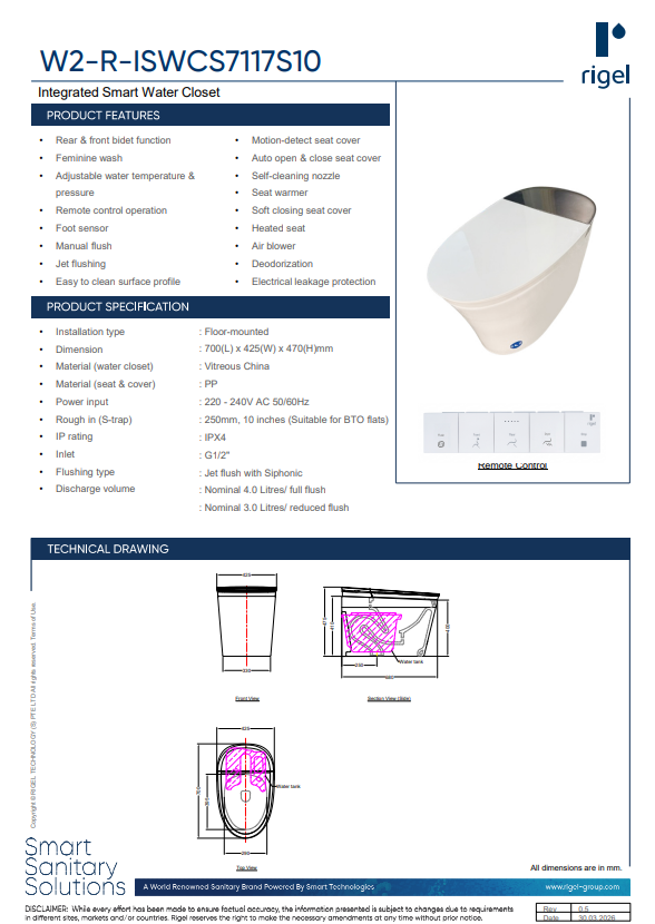 RIGELW2-R-ISWCS7117S10 Integrated Smart Water Closet technical drawings, product features and product measurements.