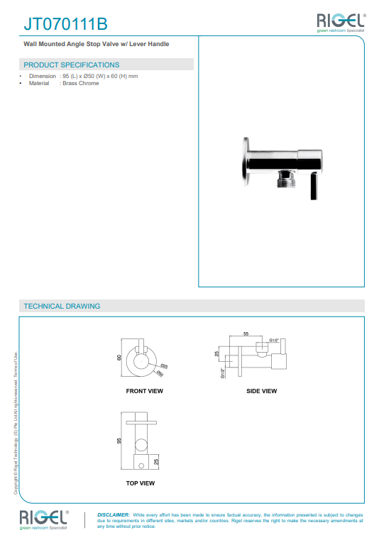 RIGEL_Angle_Stop_Valve_With_Lever_Handle_JT070111B product specifications technical drawings.