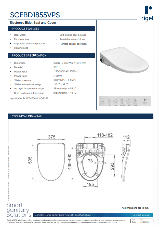 RIGEL Autolift Bidet Seat & Cover FT-SCEBD1855VPS product features, product specifications, technical drawings.