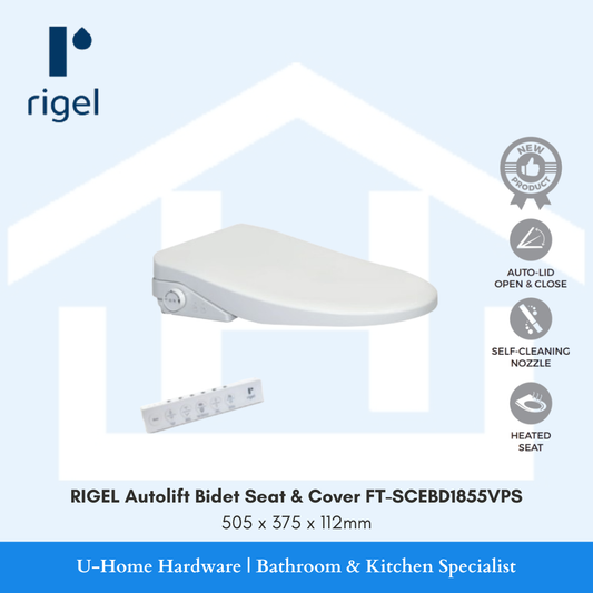The RIGEL FT-SCEBD1855VPS electronic seat with the magnetic remote control, highlighting the intuitive interface and sleek, low-profile 112 height.