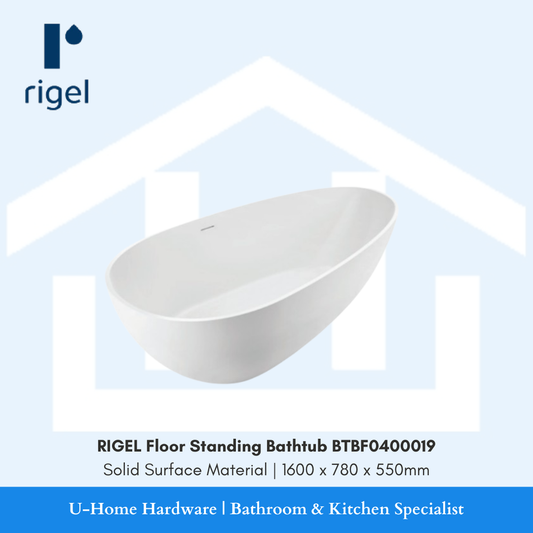 Side angle view of the RIGEL BTBF0400019 freestanding tub installed, demonstrating the unique body contours.