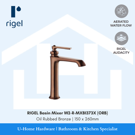 Side angle view of the RIGEL W2-R-MXB1373X extended basin mixer, highlighting the elegant spout curvature and the unique Oil Rubbed Bronze texture.